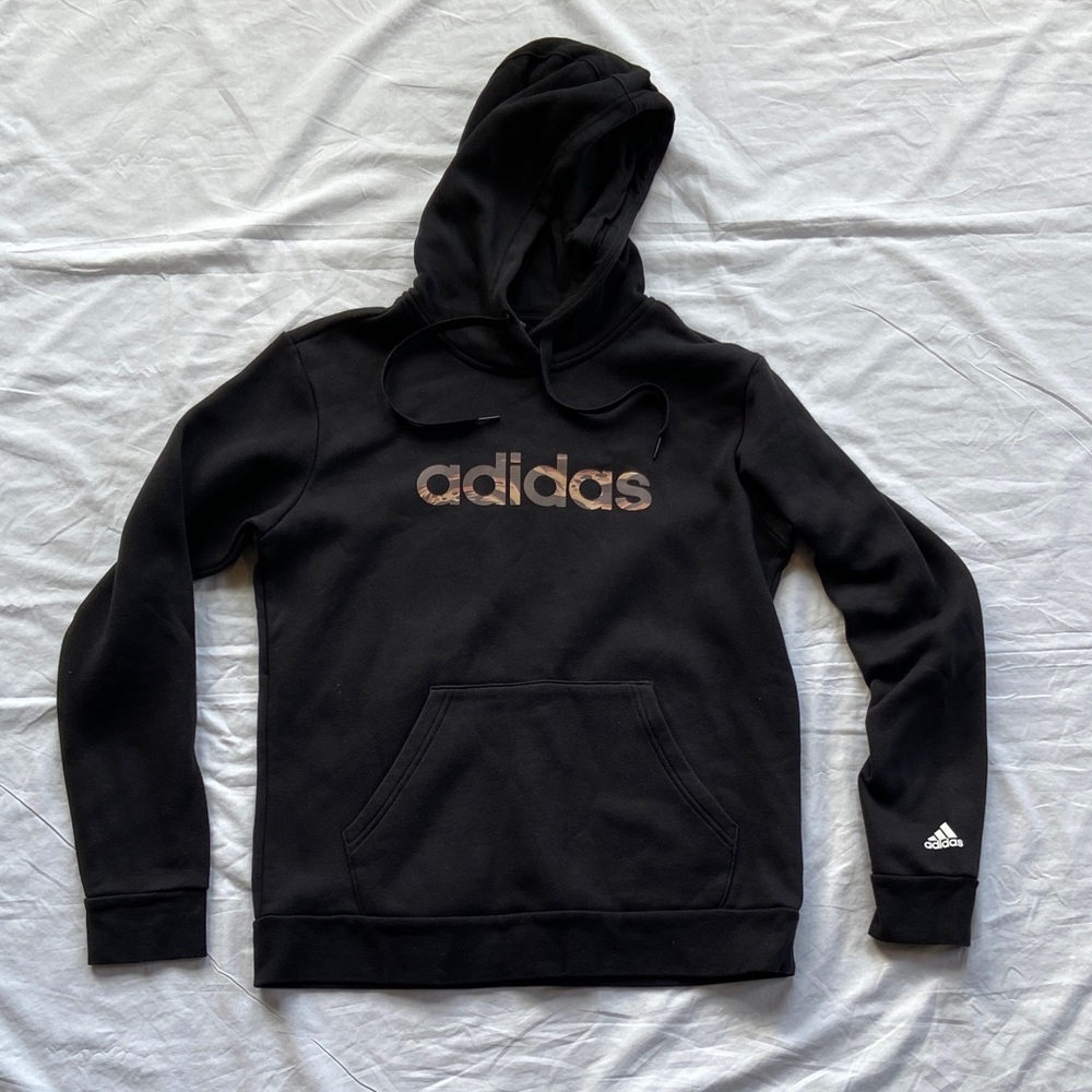Adidas Black Hoodie with Leopard Logo Womens Medium